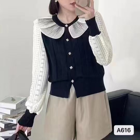 2023秋冬新款開衫毛衣洋氣花瓣領撞色百搭針織衫加厚款羊毛蕾絲袖