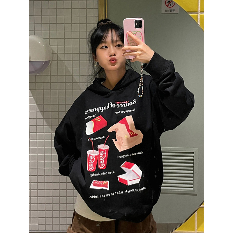美式黑色連帽衛衣女秋季創意印花街頭寬鬆情侶長袖套頭上衣外套潮
