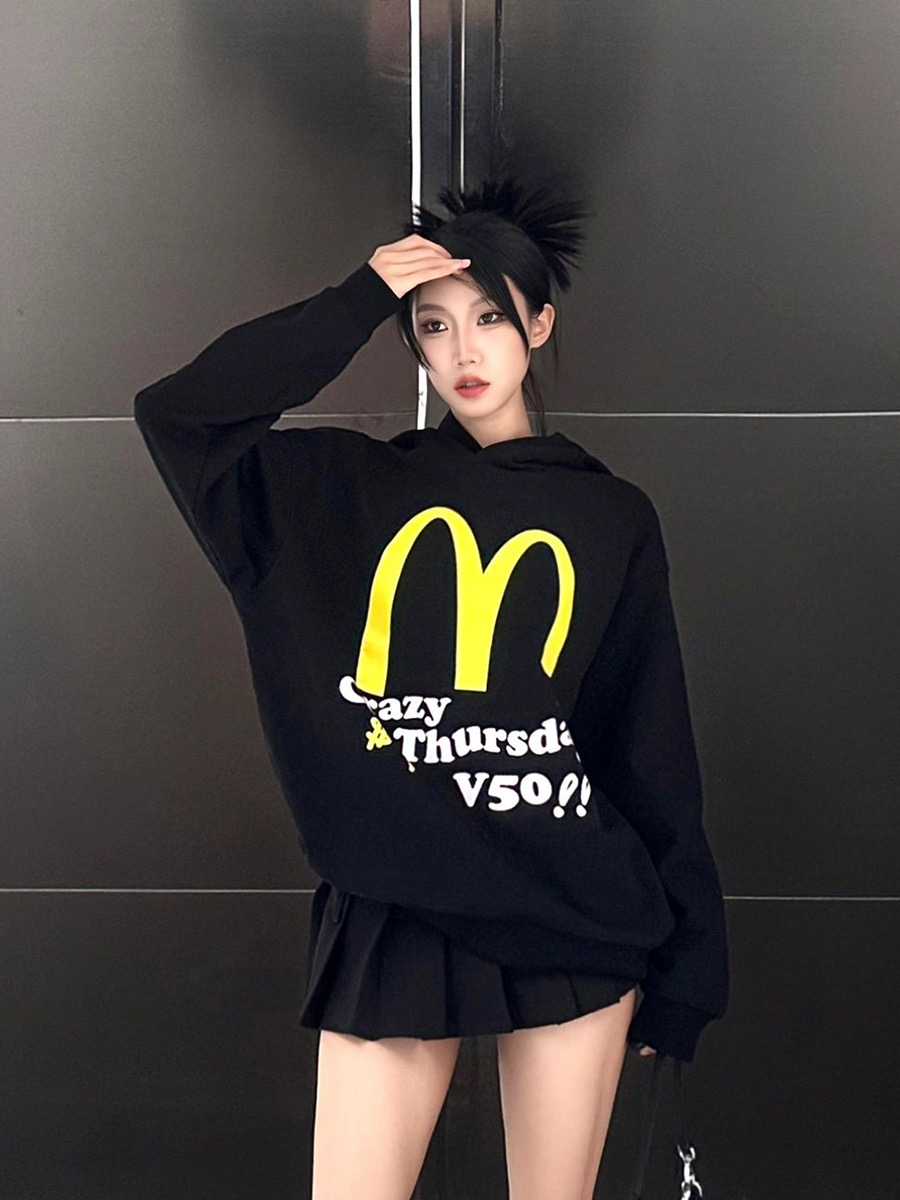 美式街頭純棉重磅麥當勞連帽衛衣設計感小眾寬鬆新款外套女上衣潮