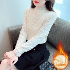 批发加绒加厚<b class='q'>蕾丝</b>衫冬季2026新款女装灯笼袖半高领仙女白色甜美<b class='q'>上衣</b>