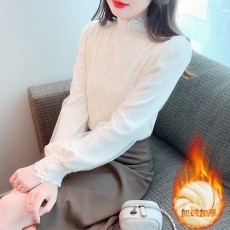 批发半高领加厚磨毛打底衫女秋冬新款洋气内搭显瘦泡泡长袖加绒<b class='q'>蕾丝</b>衫