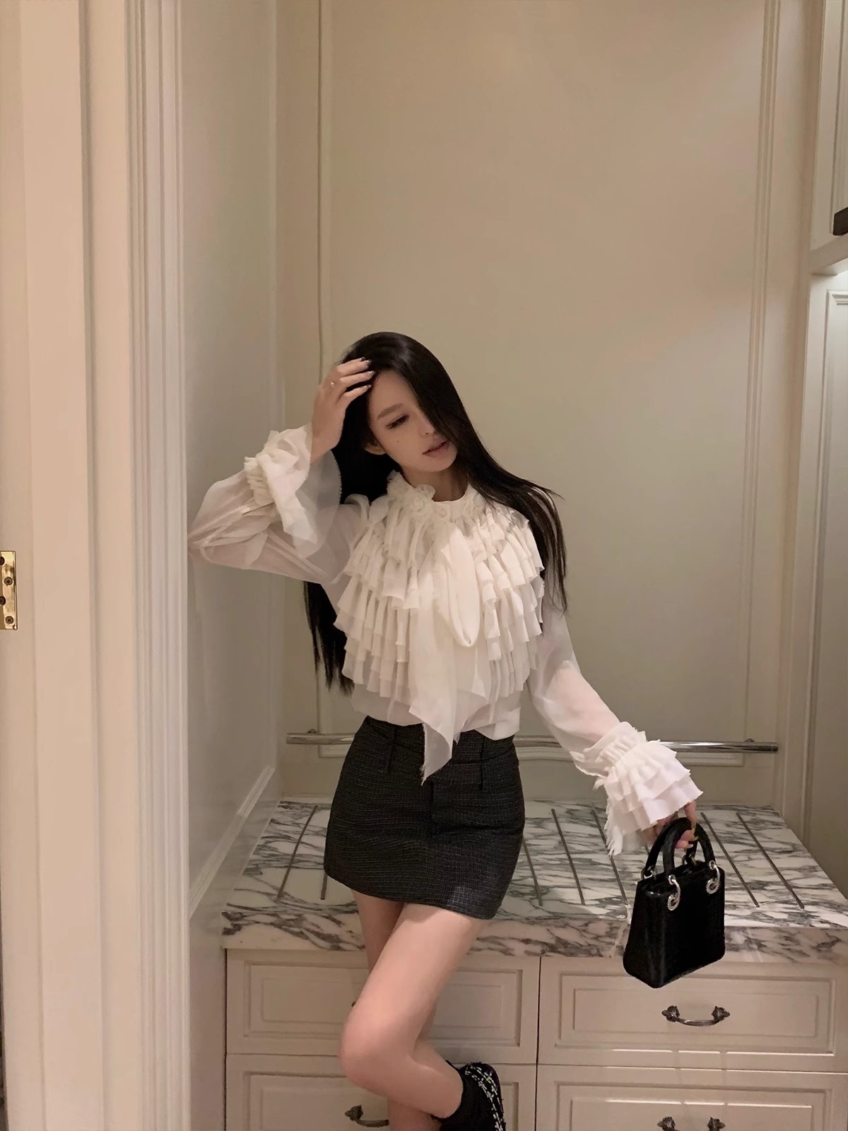 무거운 작업 꽃 프릴 셔츠 거친 가장자리 공예 똑똑한 쉬폰 주름 맨위 여성 가을 겨울 인사이드 가져 가라.