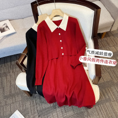 批发实拍大码女装秋冬新款胖mm气质设计感假两件收腰显瘦针织<b class='q'>连衣裙</b>子