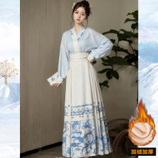 新中式国风青花瓷马面裙女早秋装搭配一整套汉服改良一片式连衣裙