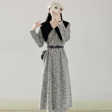 批发官图#捻丝乱麻小香风复古长袖<b class='q'>连衣裙</b>小个子减龄过膝显瘦裙子