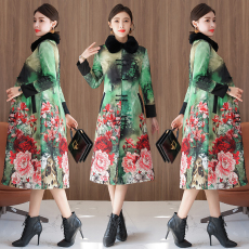 批发<b class='q'>妈妈</b>装毛领外套长款2025冬装新款中国风唐装棉衣立领旗袍棉服女冬