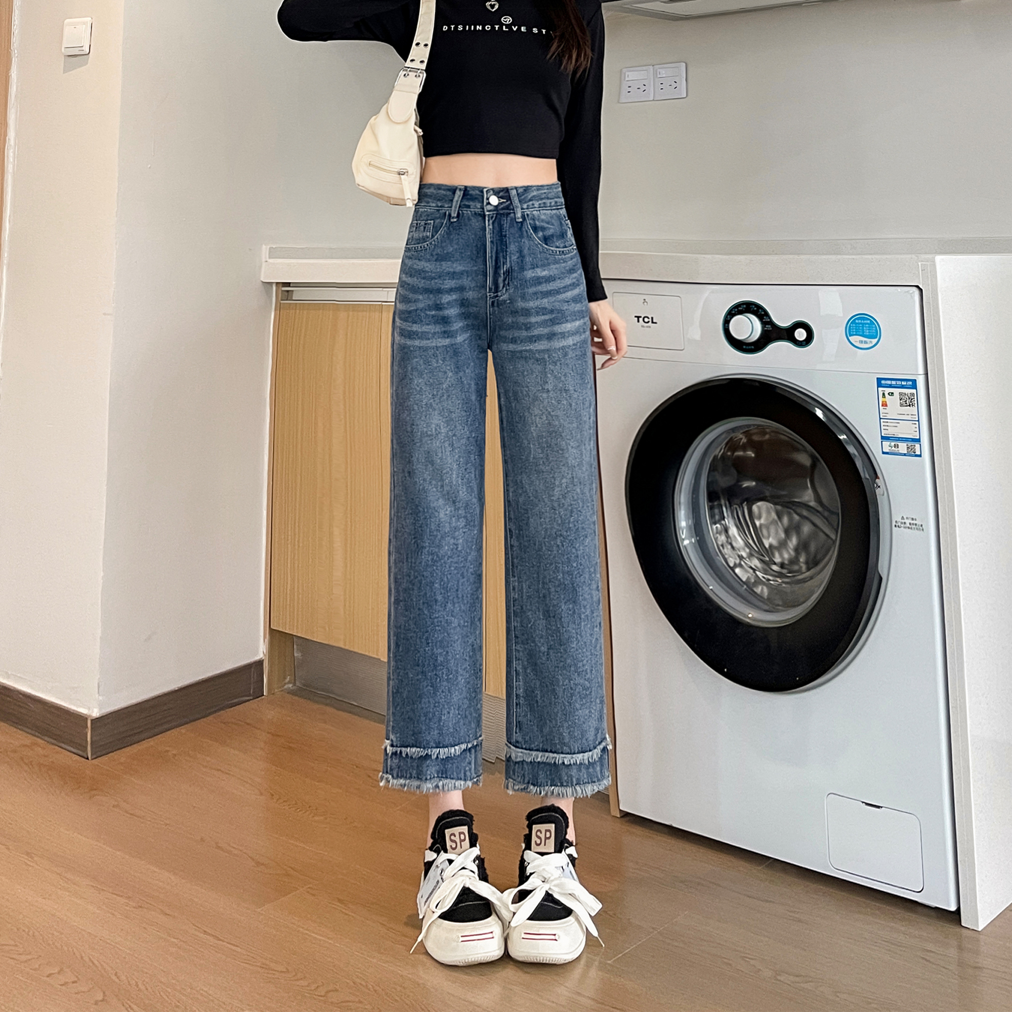 MY12179# 小个子牛仔裤女时尚毛边直筒裤显高显瘦烟管八分裤女裝貨源服裝批發