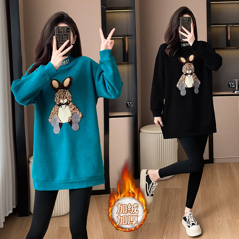 MY15207# 加绒卫衣加厚刺绣宽松中长款半高领打底衫上衣韩版外套女裝貨源服裝批發