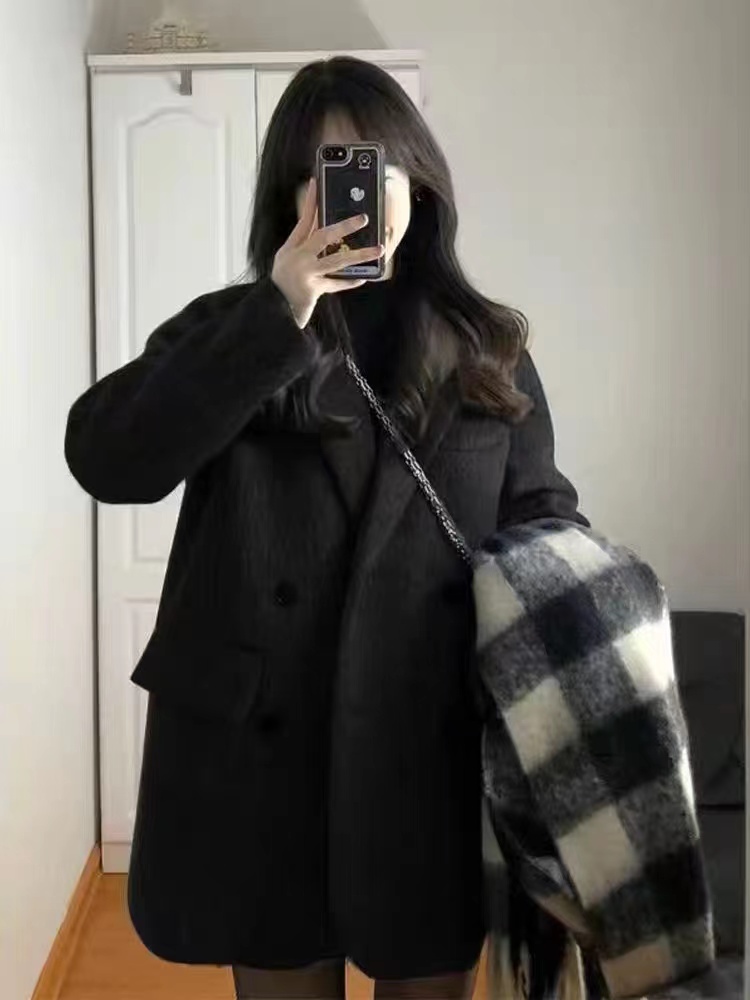韓版復古高級感長袖毛呢外套女2023秋冬新款赫本風小個子開衫上衣