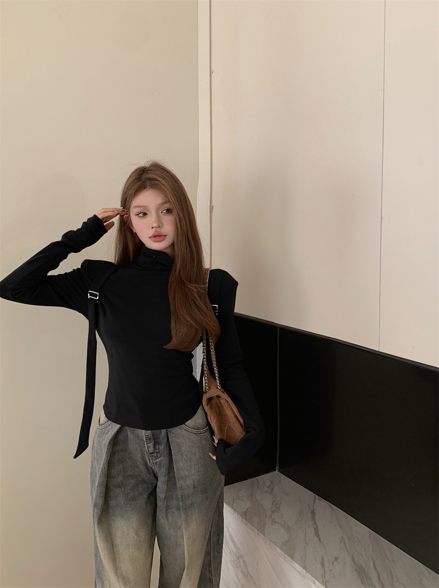 實拍 小高領修身顯瘦肩帶設計感百搭秋冬打底衫女