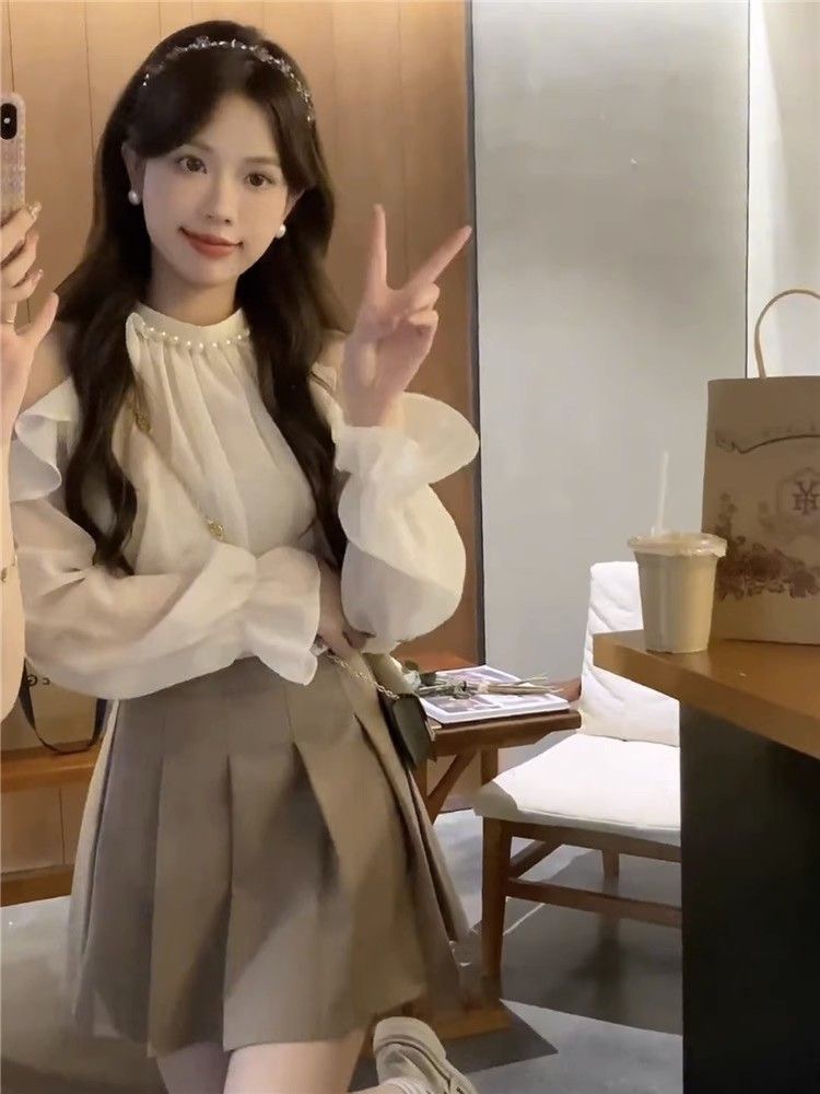 ~法式超仙甜美名媛風高級釘珠喇叭袖襯衫女2023秋季百搭上衣