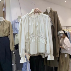 批发2026春季新款小个子木耳边圆领娃娃衫女抽绳褶皱收腰长袖<b class='q'>衬衫</b>上衣