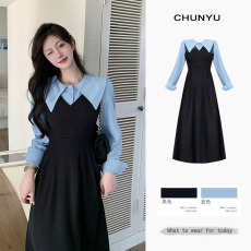 批发官图#捻丝乱麻秋学院假两件翻领长袖衬衫收腰显瘦A字<b class='q'>连衣裙</b>