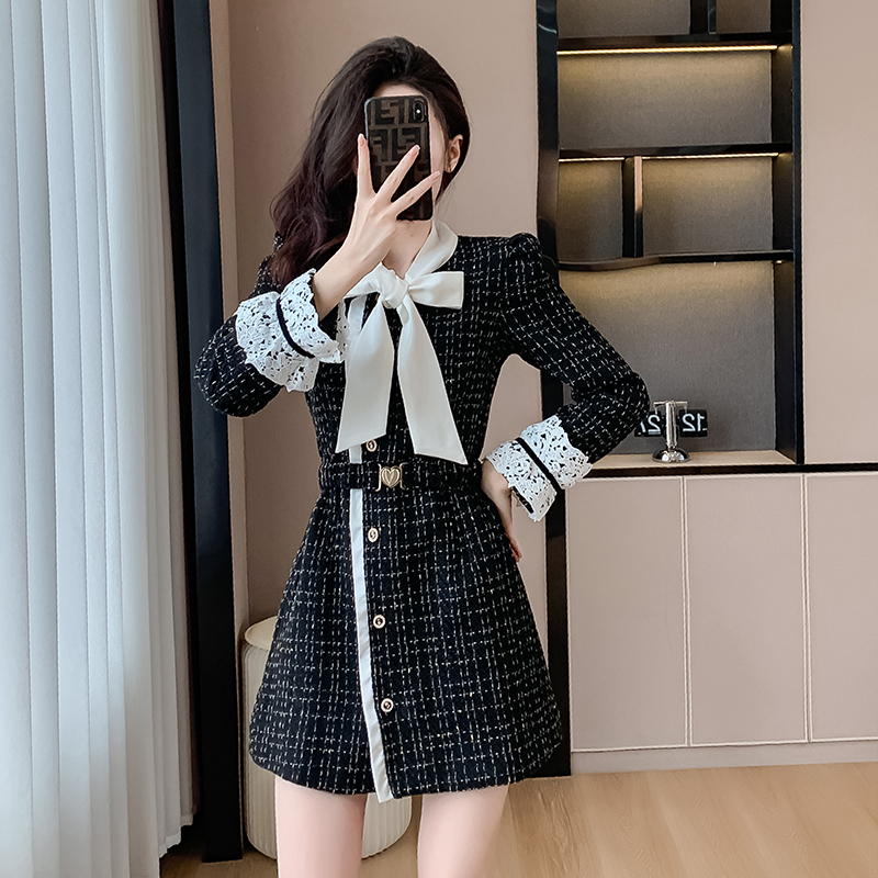 高端气质名媛女神范蝴蝶结小香风秋季时尚收腰显瘦黑色裙子 服裝批發女裝批發服飾貨源