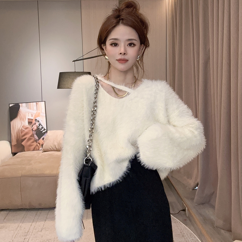 가을 겨울 새로운 한국 스타일 루즈핏 밍크 플리스 풀오버 스웨터 여자 털이 많은 미니멀리즘 바람 홀로우 아웃 단색 긴팔 맨위