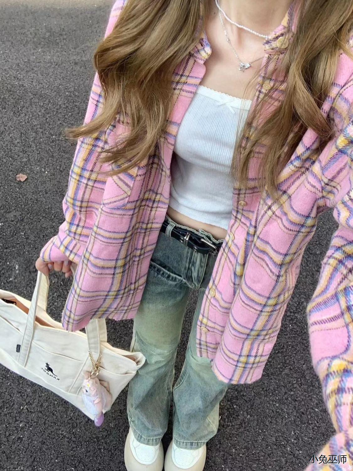 森系甜美粉色格紋襯衫女早秋新款寬鬆休閒顯瘦中長款襯衣外穿開衫