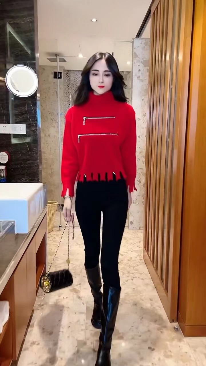 設計感流蘇短款顯瘦針織衫慵懶風紅色高領拉鏈毛衣女秋大碼女裝