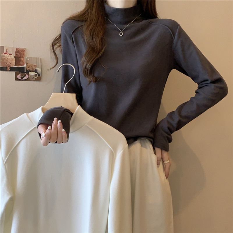 실사 리브 De 플러시 긴팔 티셔츠 여성 가을 겨울 반하이넥 인사이드 가져 가라. 기본 셔츠