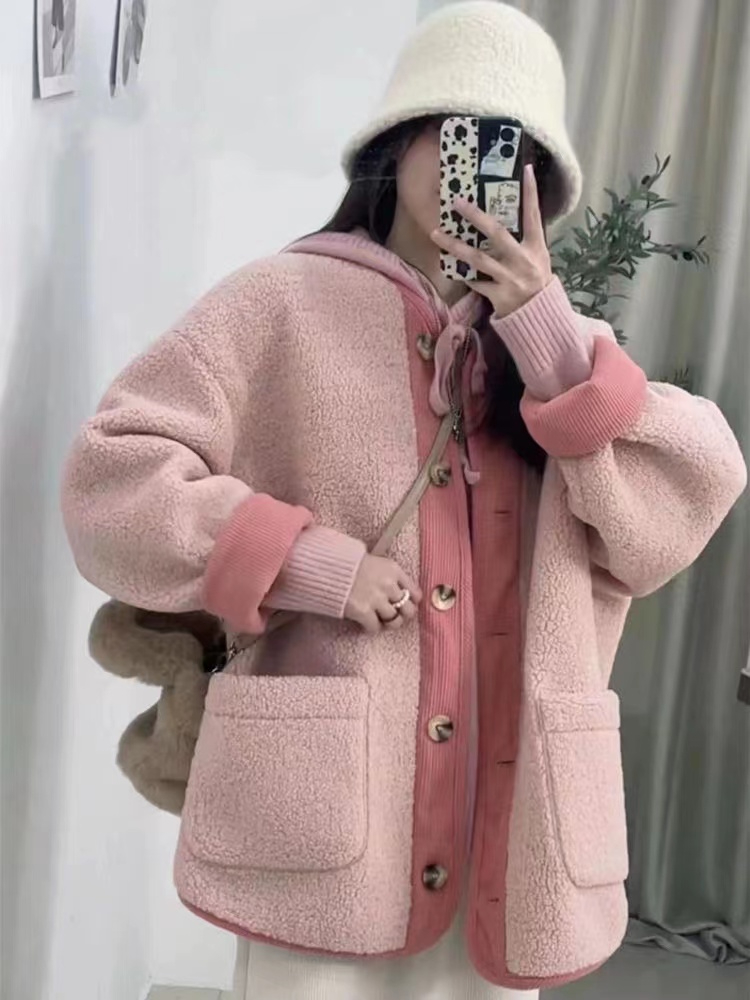 Contrast color retro lamb wool coat for women  winter new style small fragrance loose and thickened medium and long style for small people