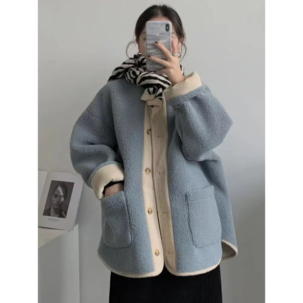 Contrast color retro lamb wool coat for women  winter new style small fragrance loose and thickened medium and long style for small people