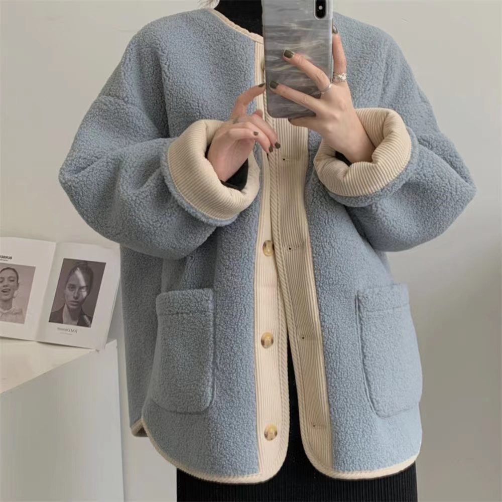 Contrast color retro lamb wool coat for women  winter new style small fragrance loose and thickened medium and long style for small people