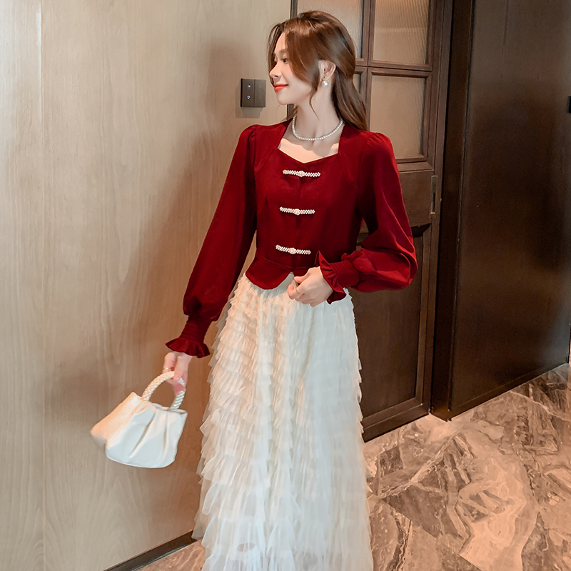 RM25706#新中式盘扣设计感小香风短款上衣+千层蛋糕裙套装裙