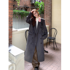 批发实拍实价~秋冬新款复古撞色翻领<b class='q'>中长款</b>休闲显瘦毛呢外套女上衣