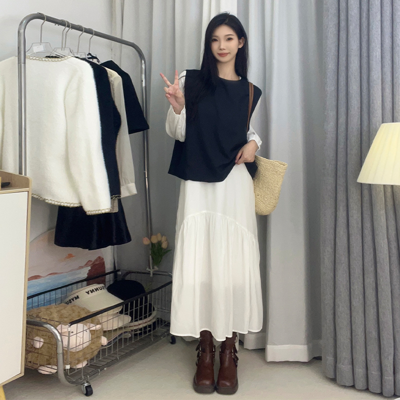 實拍小個子秋裝搭配一整套初秋女裝2023新款法式赫本風白色連衣裙