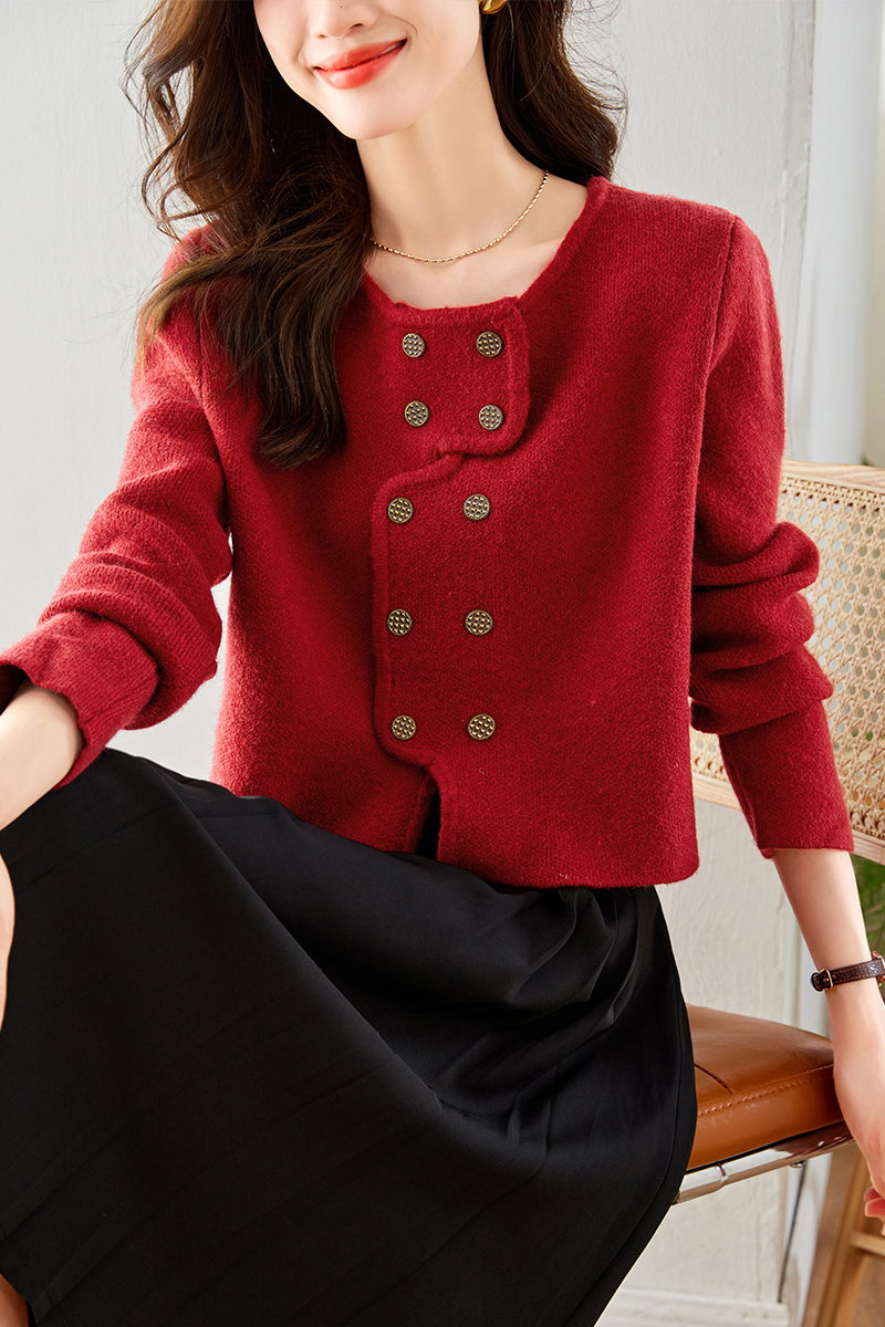 MY15308# 红色毛衣新款针织开衫小香港味chic上衣女裝貨源服裝批發