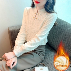 批发复古国风盘扣立领打底衫女加绒加厚秋冬时尚洋气时髦内搭<b class='q'>蕾丝</b><b class='q'>上衣</b>