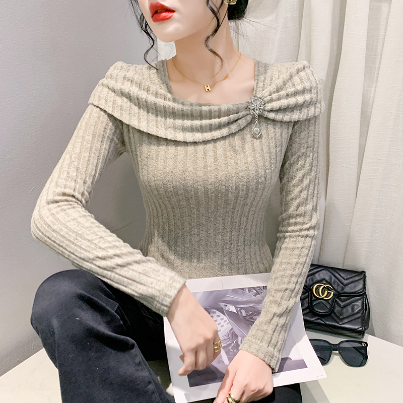 가을 겨울 새로운 한국 스타일 디자인 센스 품격 오프숄더 원형 고리 나비 매듭 몸매 가꾸기 슬림해 보이는 여성 셔츠