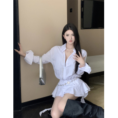 批发实拍实价辣妹荷叶边不规则收腰白色衬衣连衣裙小众设计短裙