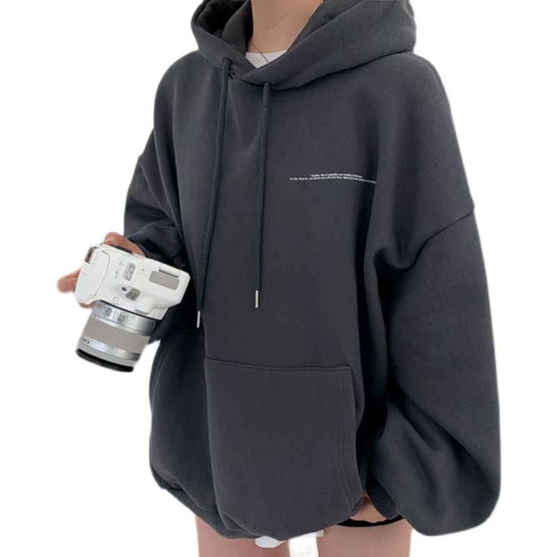 Korean Dongdaemun Spring and Autumn Lazy Style Drawstring Back Letter Printed Double Pocket Loose Thin Hoodie for Women_voghion.com