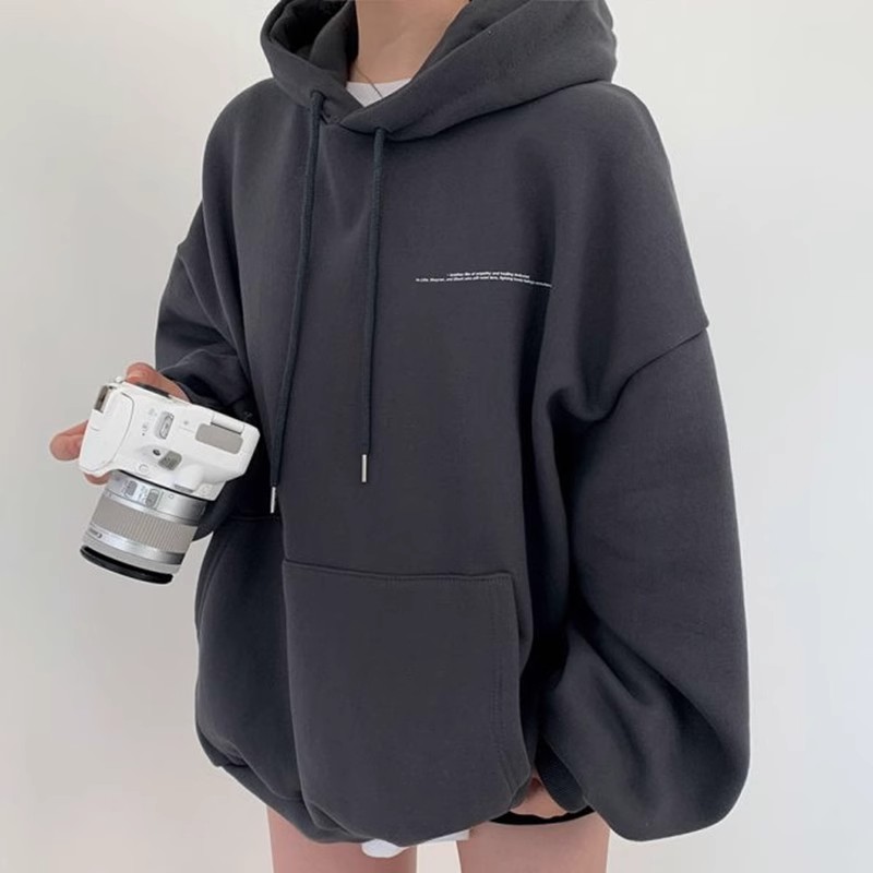 Korean Dongdaemun Spring and Autumn Lazy Style Drawstring Back Letter Printed Double Pocket Loose Thin Hoodie for Women_voghion.com
