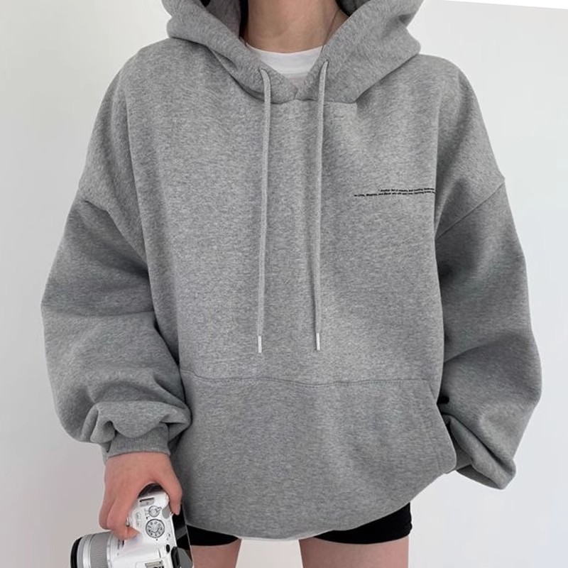 Korean Dongdaemun Spring and Autumn Lazy Style Drawstring Back Letter Printed Double Pocket Loose Thin Hoodie for Women_voghion.com