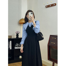 批发官图#捻丝乱麻复古学院风假两件<b class='q'>连衣裙</b>翻领小个子收腰A字裙