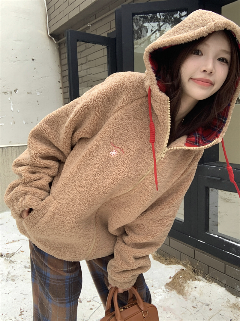 Real shot ~ Loose and lazy lamb wool plaid hooded zipper jacket for women in autumn and winter, warm and thickened