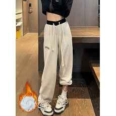 批发常规/加绒   灰色运动裤女高腰阔腿裤直筒休闲宽松美式束脚卫裤