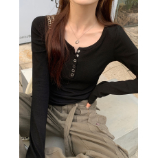 批发美式复古长袖t恤女内搭秋冬新款修身显瘦短款上衣长袖打底衫