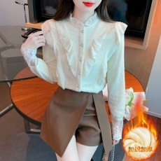 批发宫廷风加厚衬衫女式设计感小众<b class='q'>上衣</b><b class='q'>蕾丝</b>加绒打底衫女秋冬新款洋气