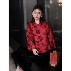 批发高级感唐装中国风女装新中式红色上衣<b class='q'>丝绒</b>两件<b class='q'>套装</b>裙秋冬2026新款