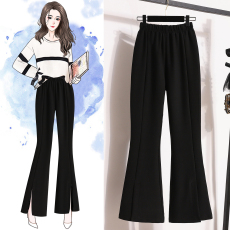 批发黑色高弹微喇开叉<b class='q'>休闲裤</b><b class='q'>女</b>高腰显瘦垂感拖地分叉长裤