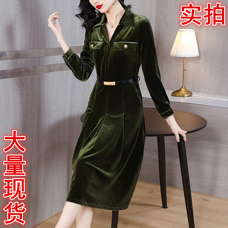 PF24751# 丝绒连衣裙女新款长袖小个子收腰显身材港味复古洋气长裙女裝貨源服裝批發