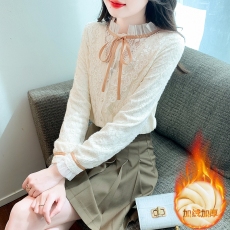 批发设计感拼接荷叶边长袖<b class='q'>蕾丝</b>衬衫女秋冬新款内搭打底衫加绒加厚<b class='q'>上衣</b>