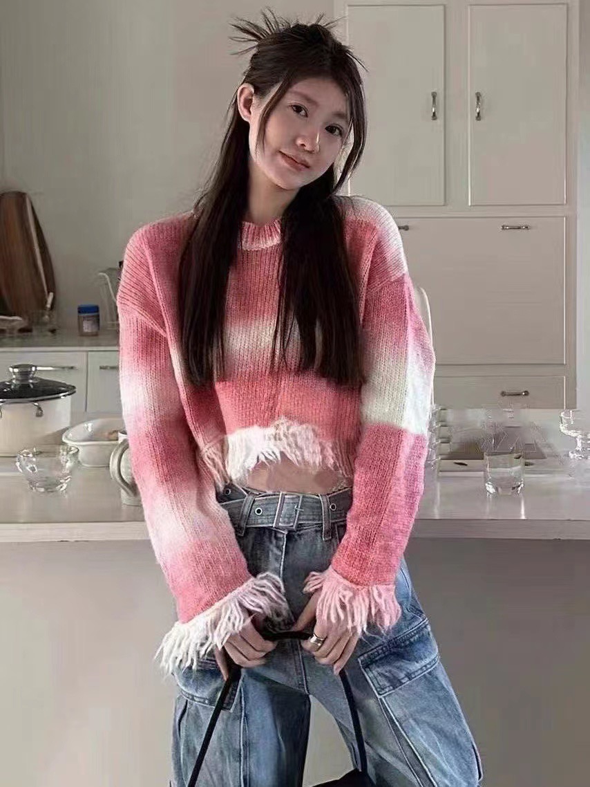 2023秋季新款毛衣女圓領拼色條紋針織流蘇設計感復古百搭辣妹長袖