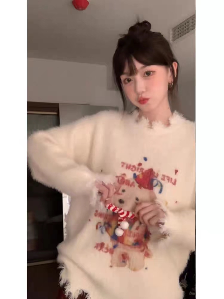 秋冬韓系新款聖誕小狗毛衣立體蝴蝶結設計下擺破壞針織衫
