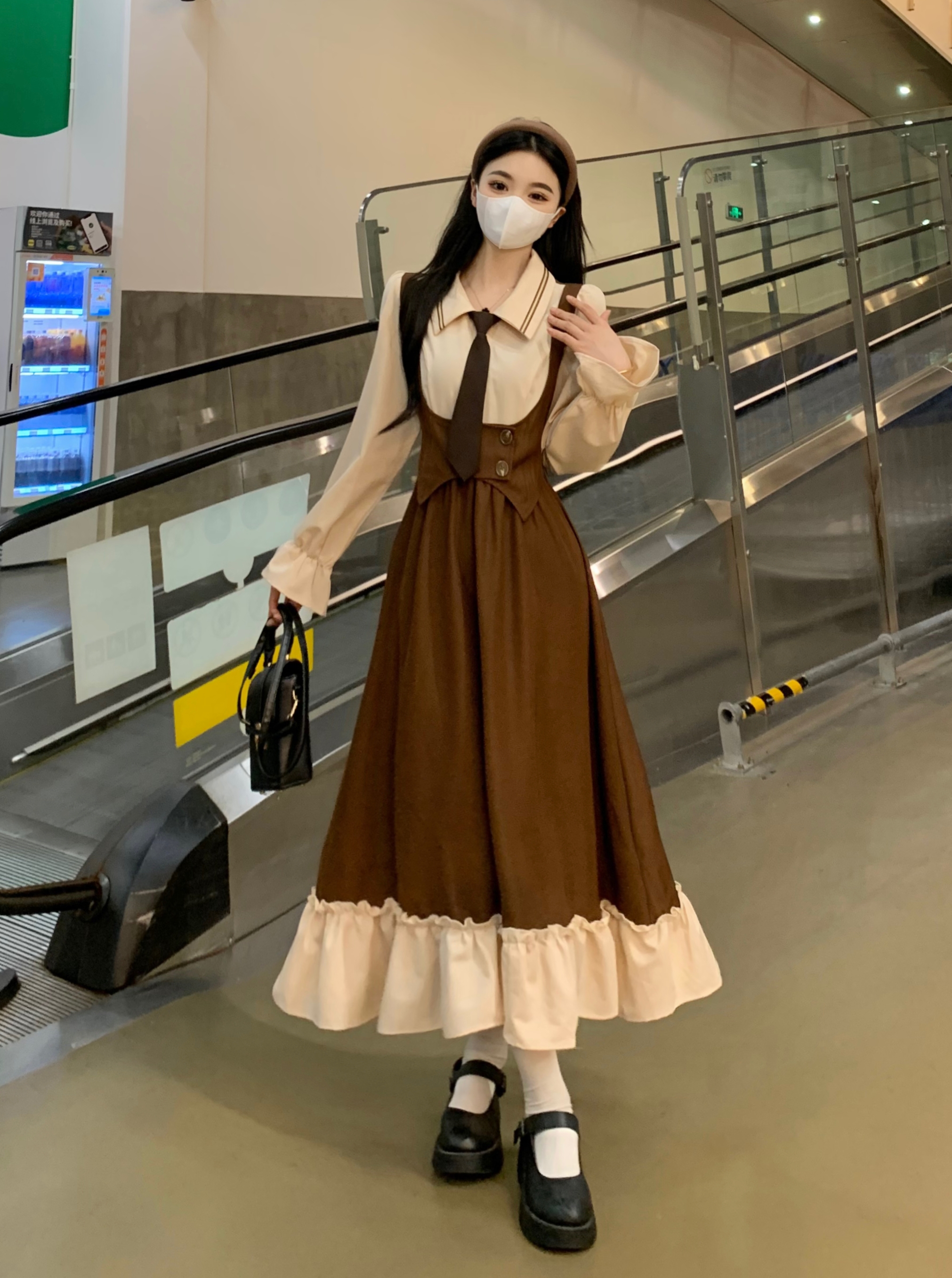 實拍～假兩件長袖連衣裙女收腰顯瘦秋冬微胖大碼美拉德裙子