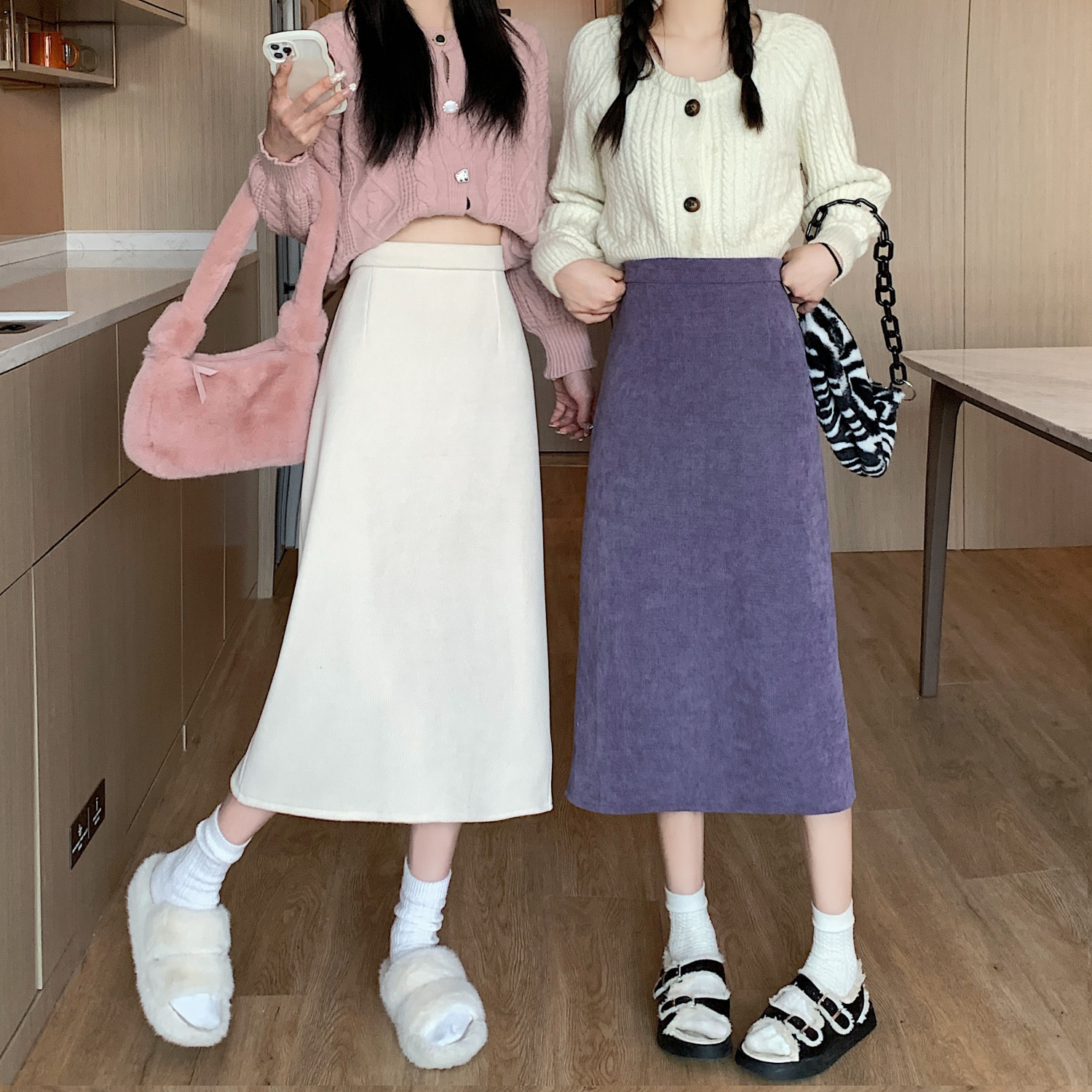 Corduroy skirt women's thickened velvet autumn and winter Korean style new high-waist slim mid-length slit skirt