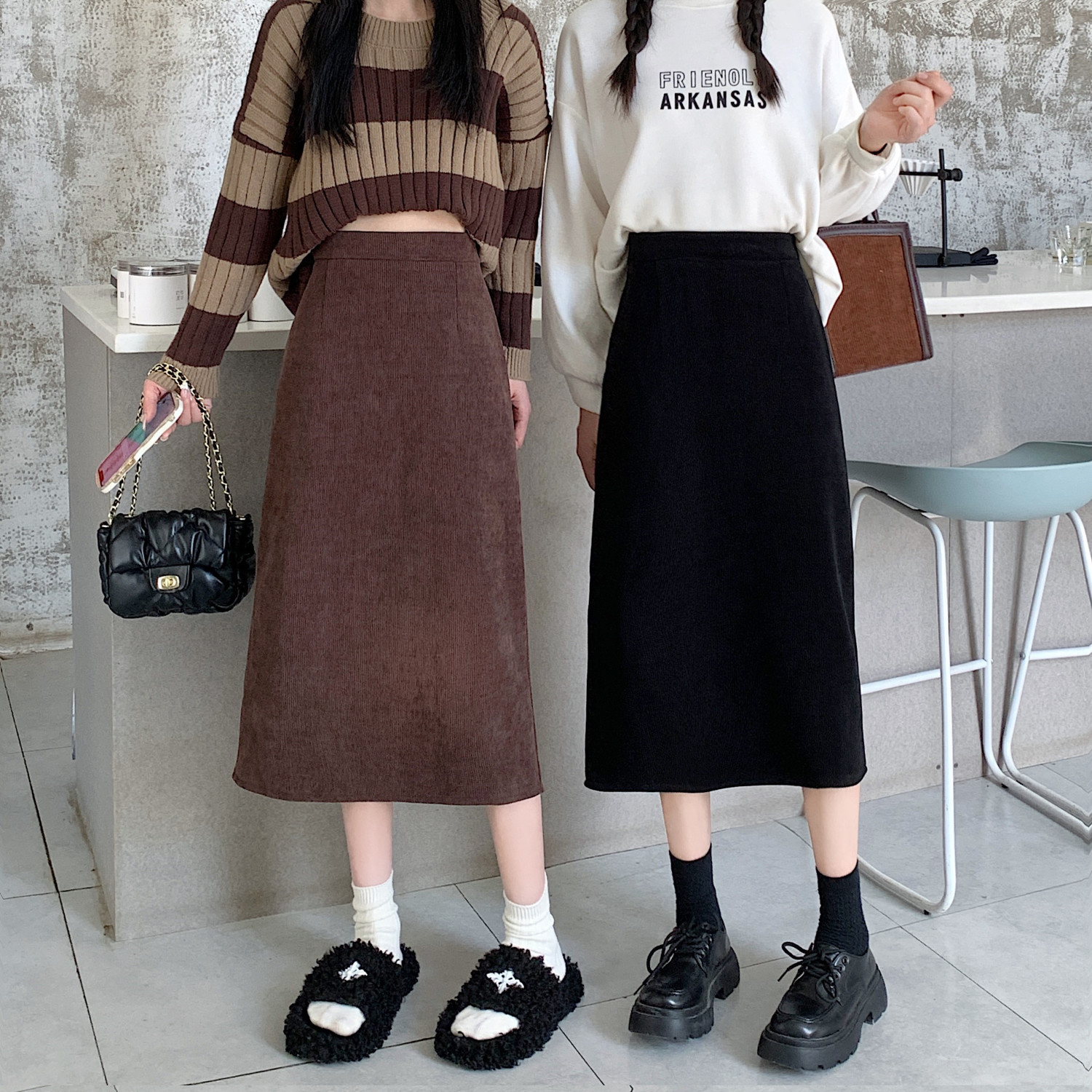 Corduroy skirt women's thickened velvet autumn and winter Korean style new high-waist slim mid-length slit skirt