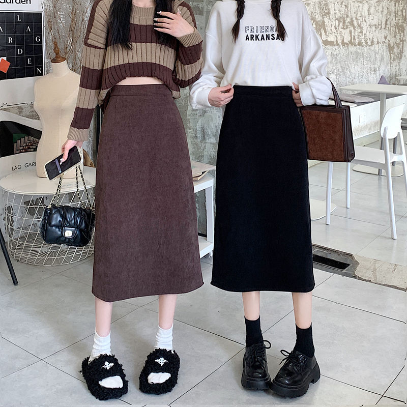 Corduroy skirt women's thickened velvet autumn and winter Korean style new high-waist slim mid-length slit skirt